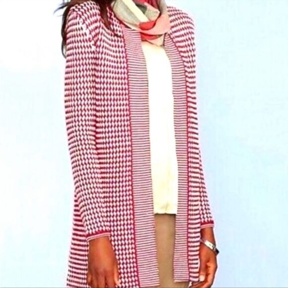 2XP TALBOTS‎ MERINO WOOL BASKETWEAVE DUSTER LONG CARDIGAN RED WHITE - Picture 10 of 11